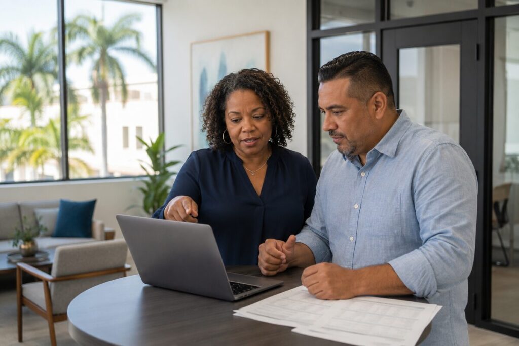 Accountant Fort Lauderdale reviewing accounts receivable and payable aging reports with a business owner