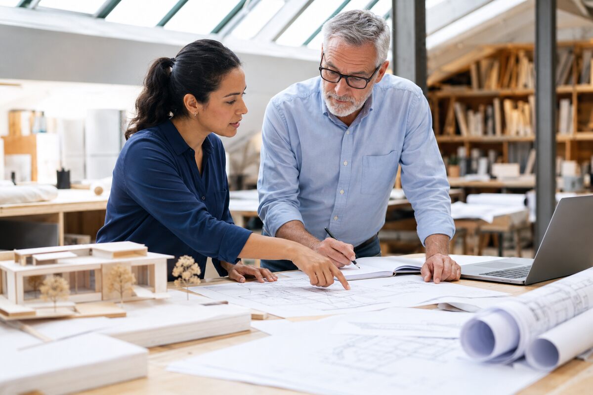 Architecture team reviewing project progress and billing records