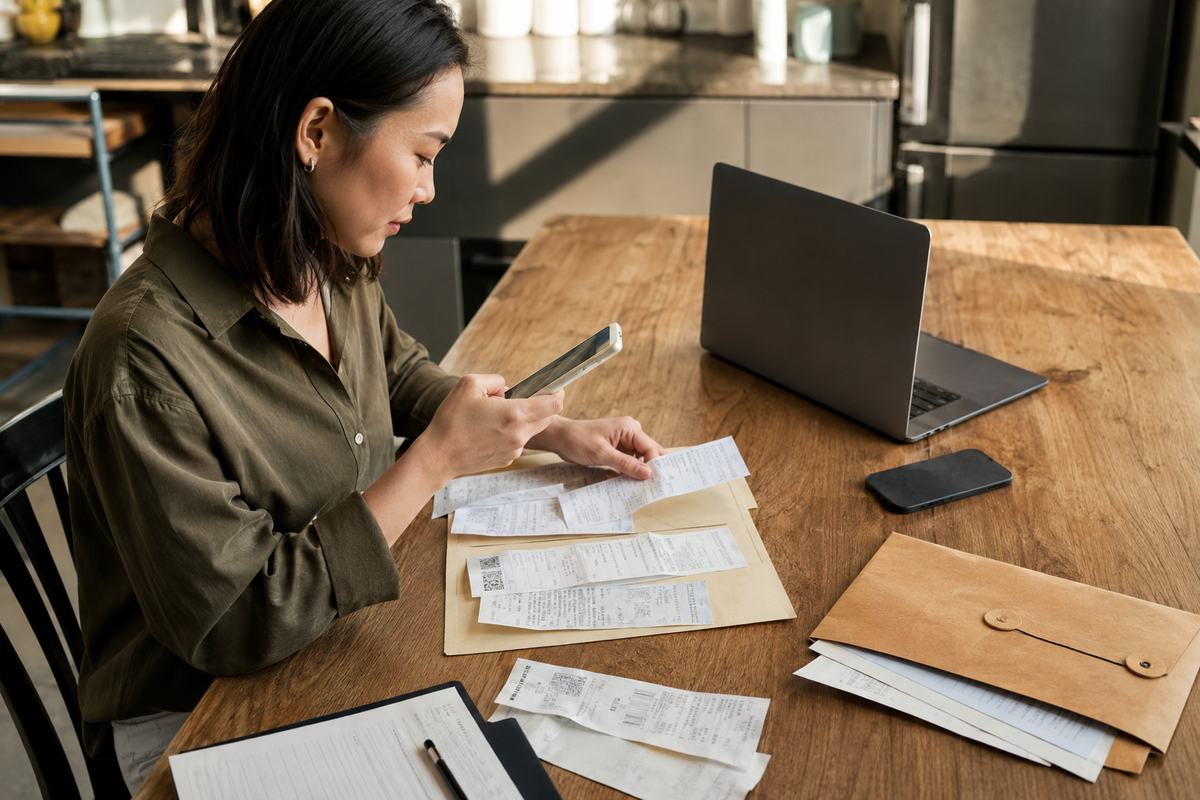 Owner organizing business receipts for a reimbursement request