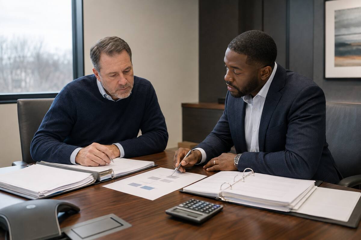 Business owner and accountant reviewing equity, debt and tax-basis schedules