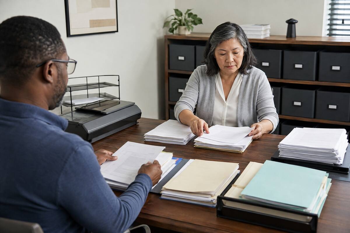 Business owner and adviser organizing tax-audit records by issue