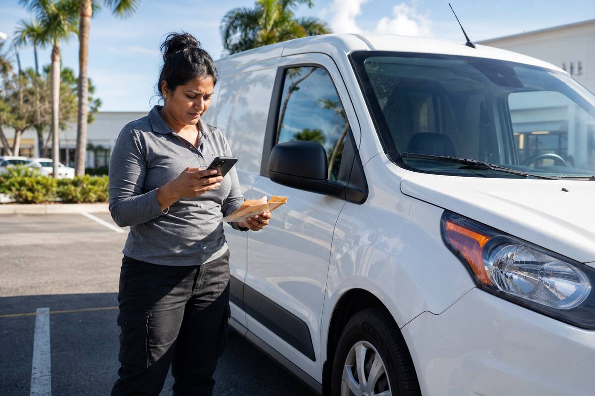 Contractor recording business mileage beside a work van