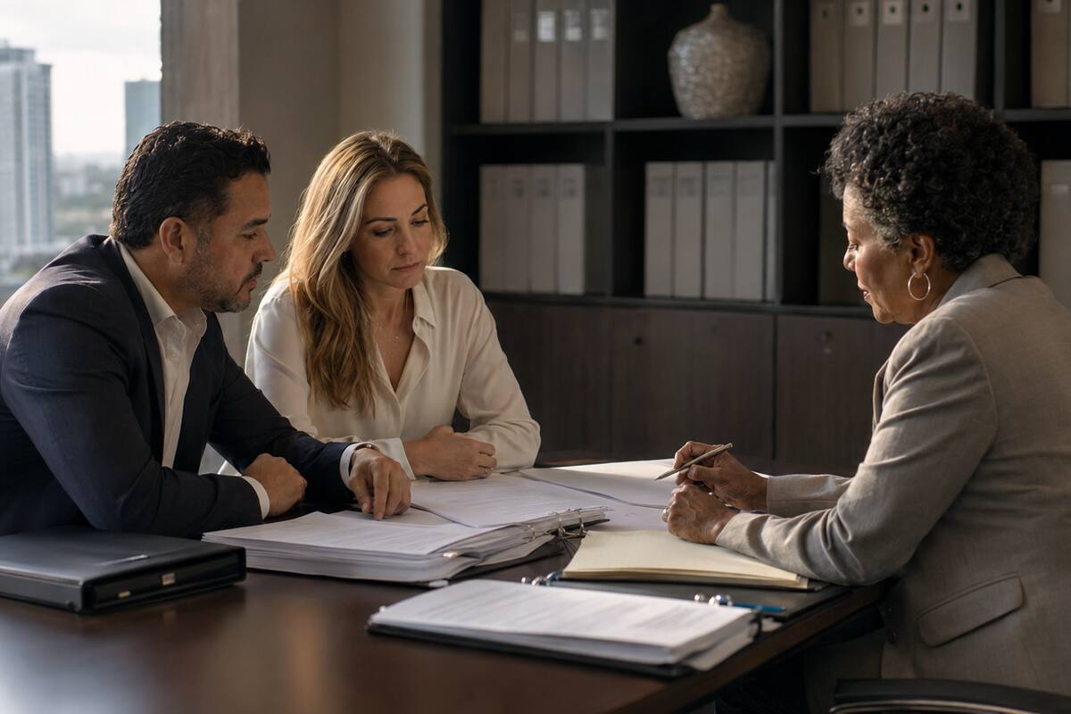 Business owners reviewing ownership, tax, and valuation records for a buy-sell agreement