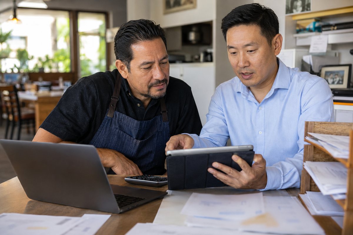 A business owner and accountant review a weekly cash dashboard