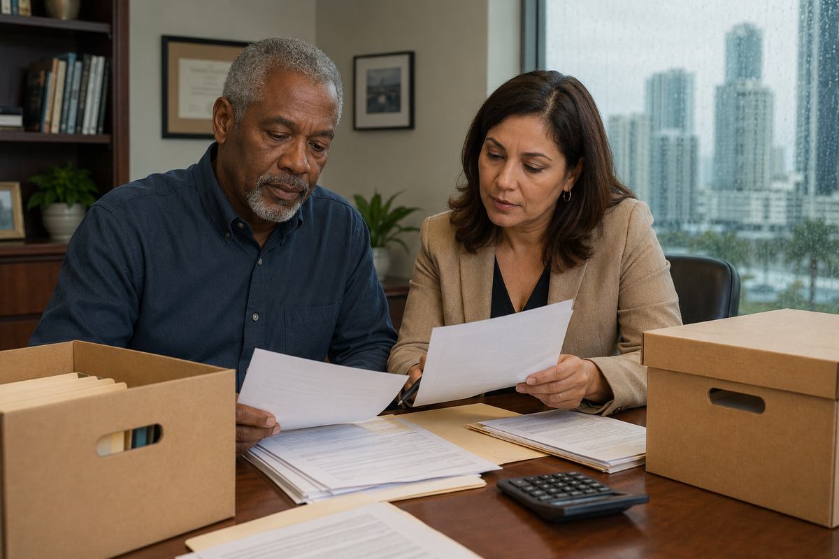 Tax advisor organizing capital gains tax records and estimated payments with a business owner