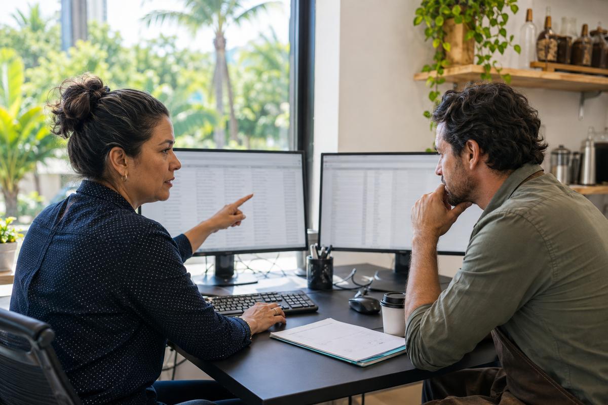 Accountant reviewing a QuickBooks clearing account balance with a small-business owner