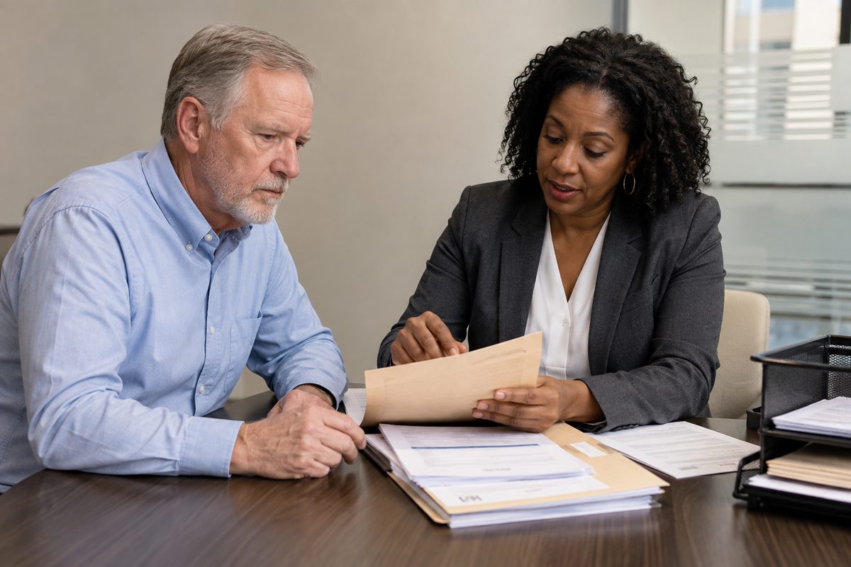 Taxpayer and adviser organizing documents for a Collection Due Process hearing
