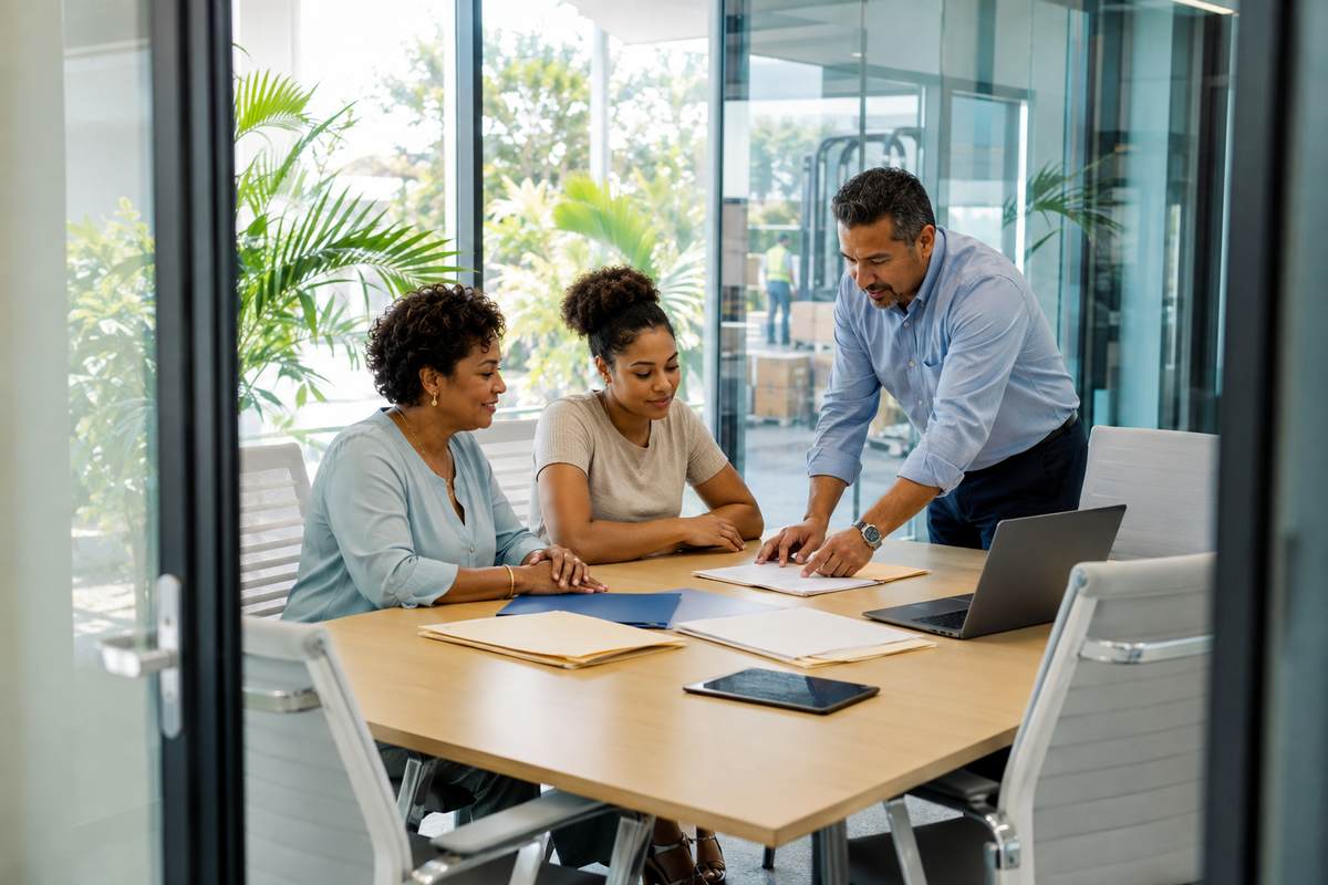 Business owners reviewing Florida entity conversion documents and accounting records