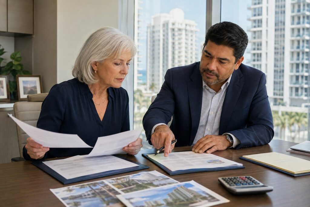 A tax advisor reviews 1031 exchange records and closing statements