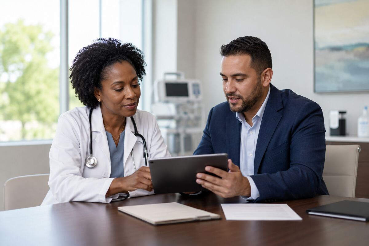 Accountant reviewing medical-practice bookkeeping and financial reports with a physician