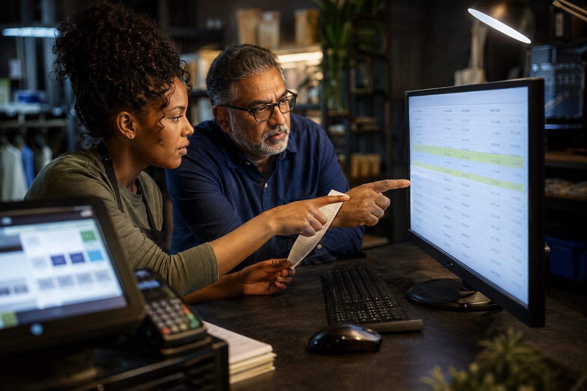 A bookkeeper compares a receipt with two transaction records
