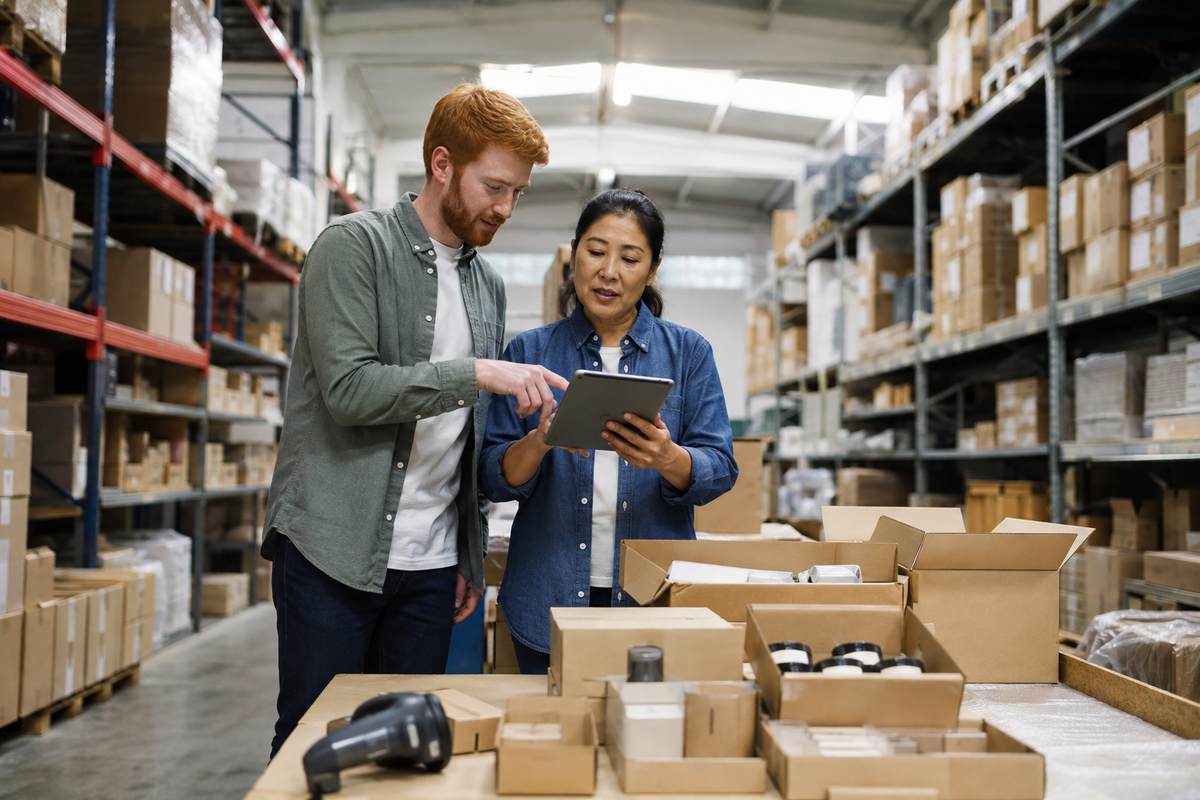 Online seller reviewing warehouse inventory and purchase records