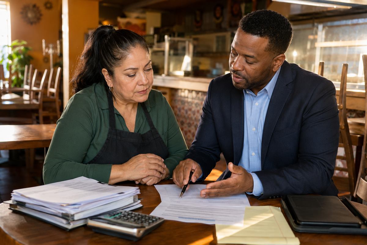 A business owner and tax professional review lien and levy notices