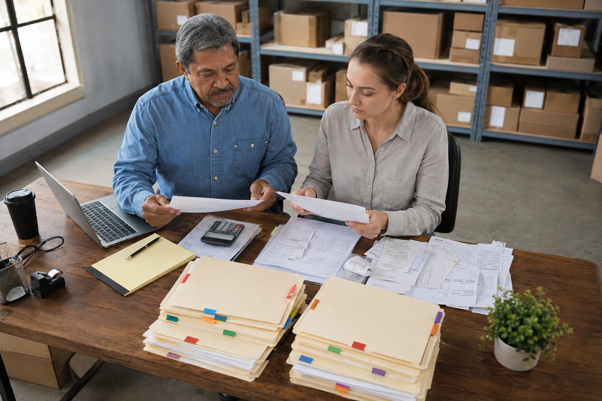 Business owner and adviser organizing records before a field-audit interview
