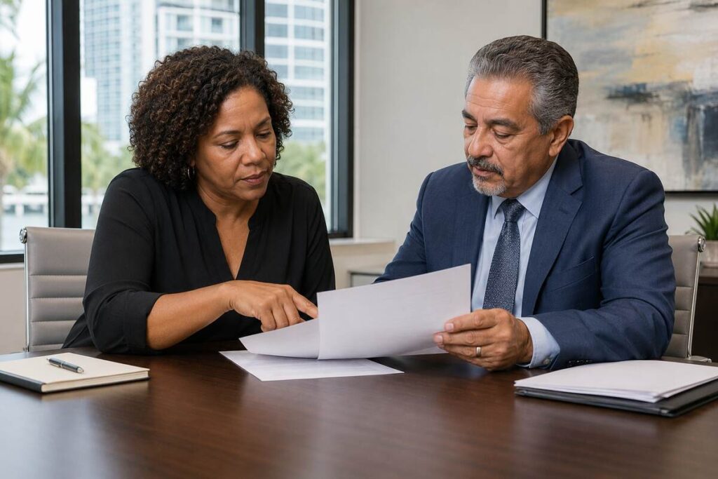 Tax Advisor Fort Lauderdale reviewing an IRS penalty notice and account transcript with a business owner