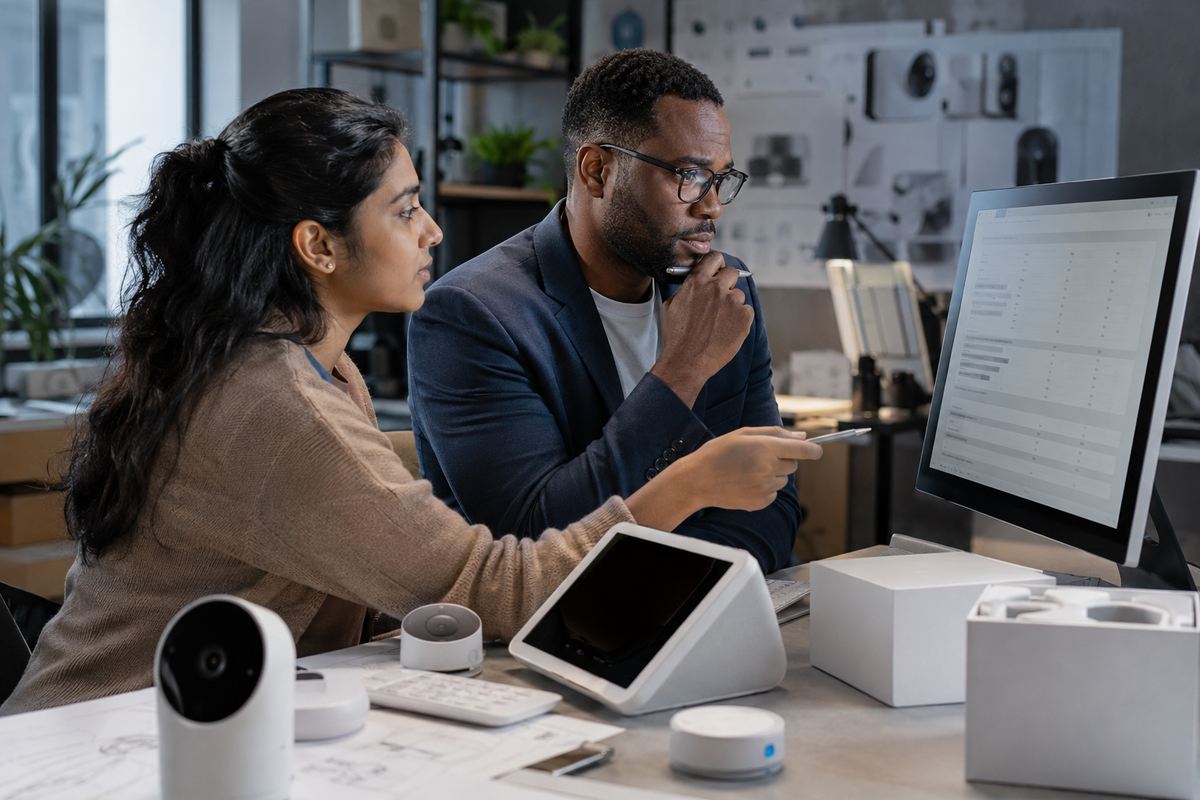 A business owner and advisor examine product and service charges on an invoice