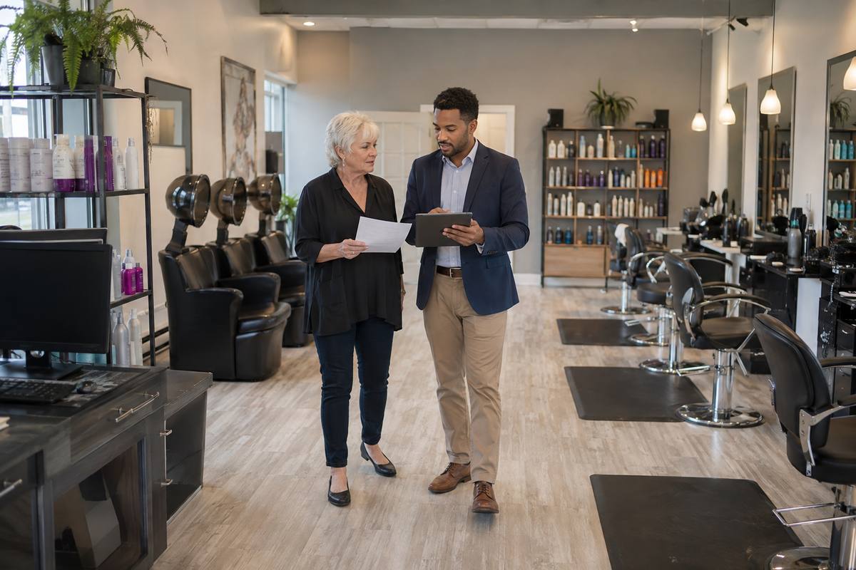 Business owner and adviser reviewing an equipment inventory