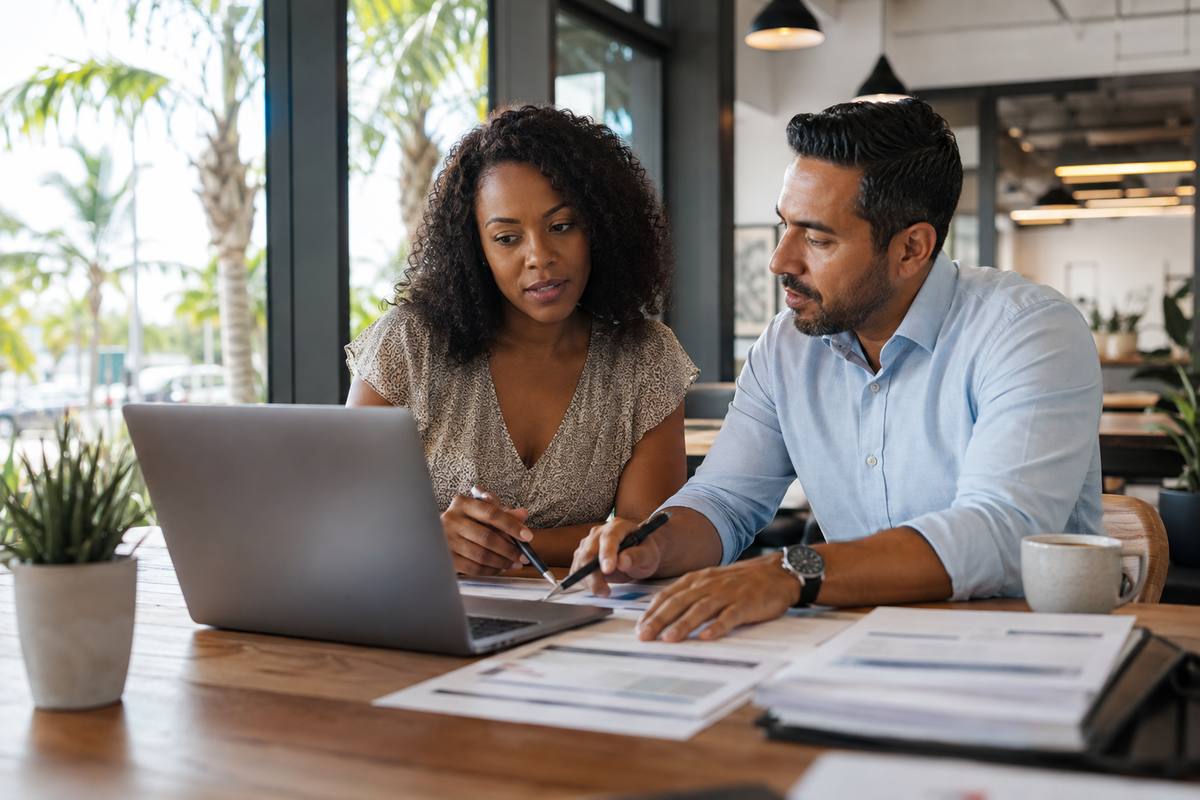 Tax professional reviewing estimated tax projections with a freelancer at a laptop