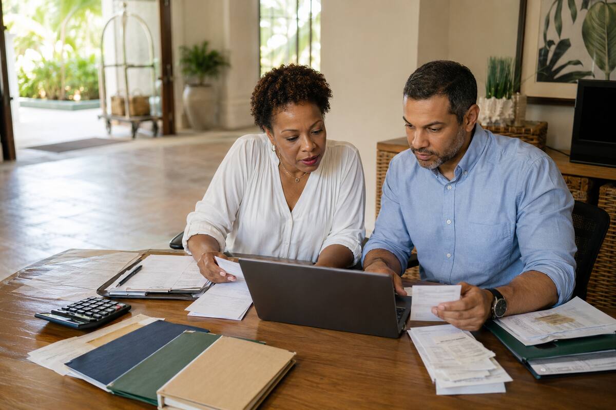 Property operator and adviser reviewing booking and lodging-tax records