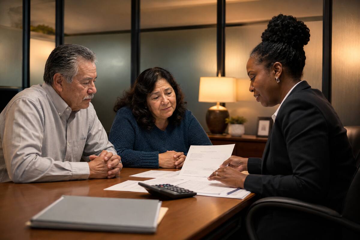 A tax advisor explains IRS debt options while reviewing a couple’s records