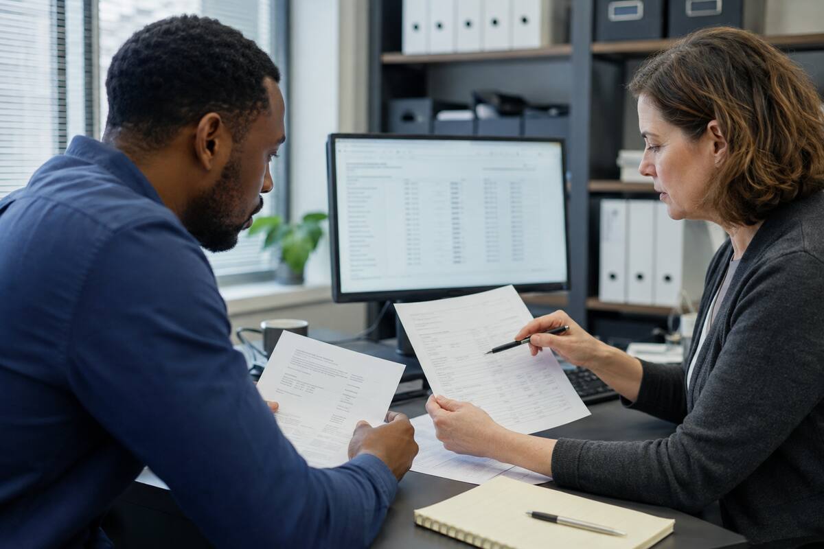A tax advisor compares a transcript, IRS notice and supporting records