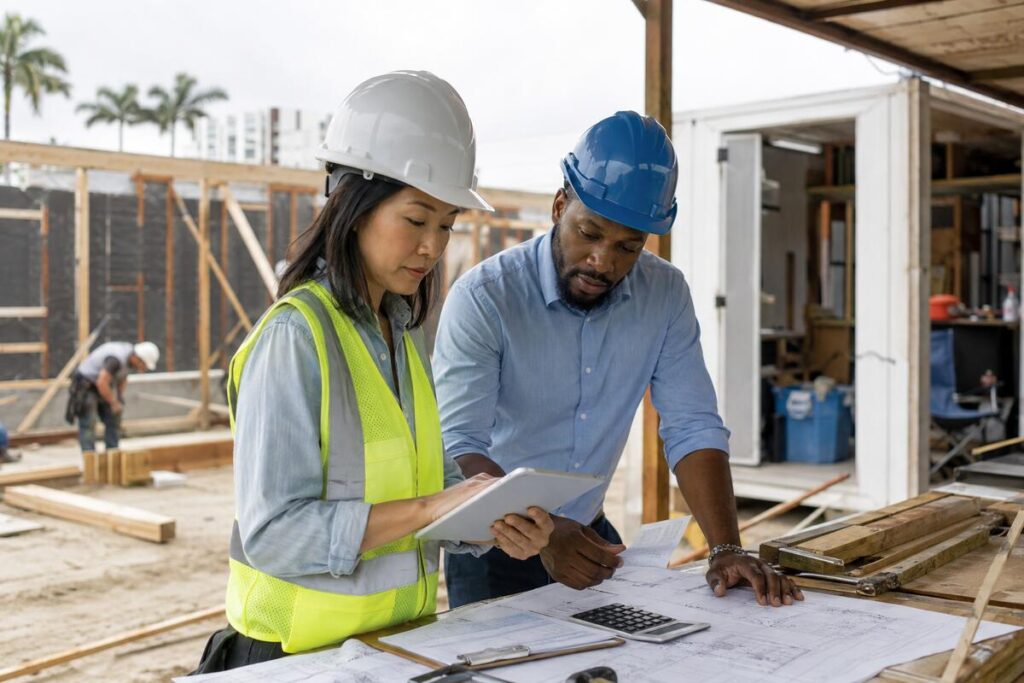An accountant reviews construction job-costing records at a project site
