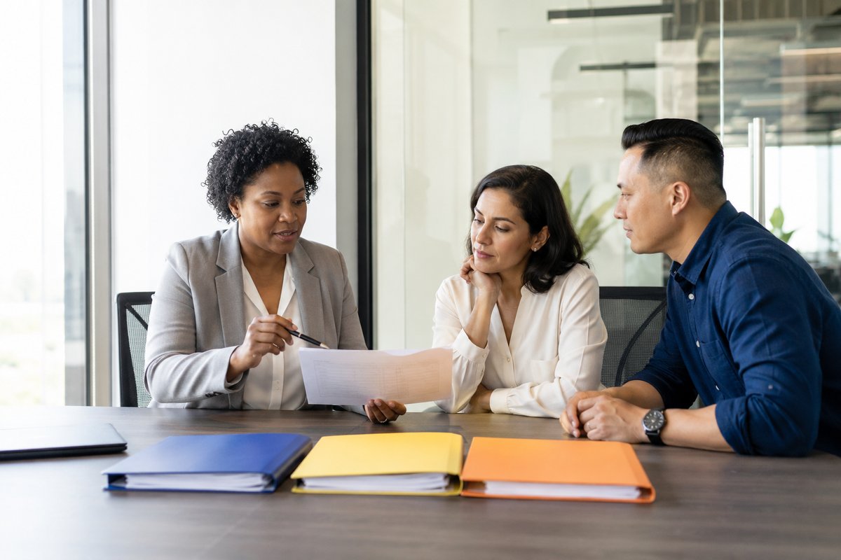 Related-business owners and a controller reviewing shared-cost allocation calculations