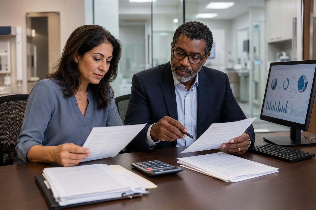 Practice manager and accountant reviewing billing reconciliation reports