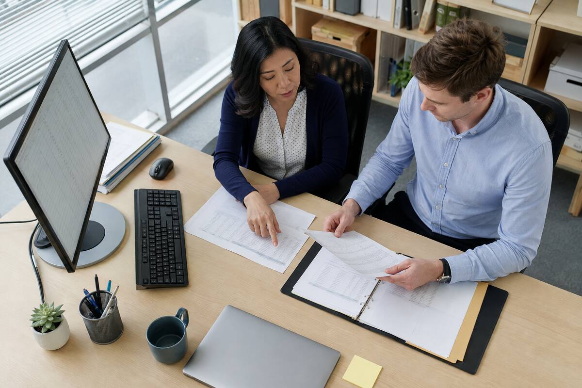 An accountant and payroll manager compare a payroll register with clearing-account entries