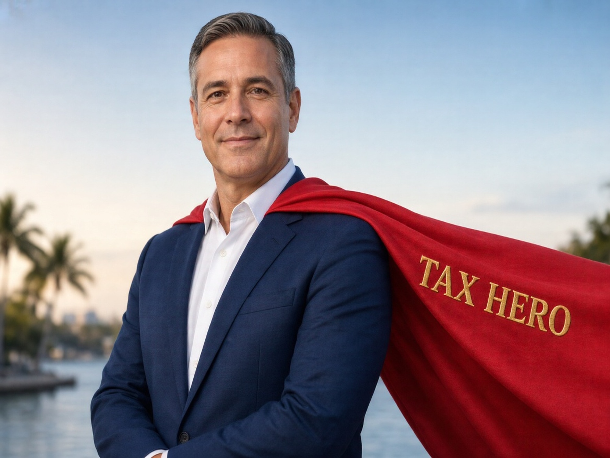 Business professional wearing a red Tax Hero cape in South Florida