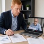 Virtual consultation with financial documents and a video call on a laptop.