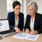 Two people reviewing business reports beside an accounting dashboard.