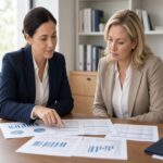Financial reports and charts being reviewed at an accounting meeting.