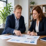 Two people discussing financial charts during a planning meeting.