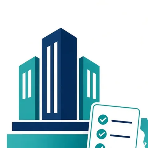 Illustration of office buildings beside a compliance checklist
