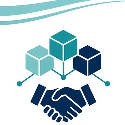 Illustration of linked blocks above a handshake