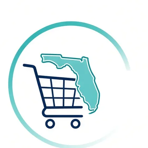 Illustration of a shopping cart beside an outline of Florida