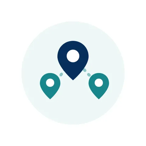 Illustration of three location pins connected across states