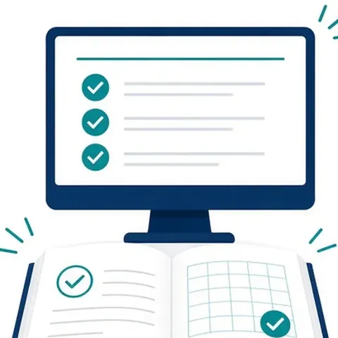 Illustration of a computer checklist above an open ledger