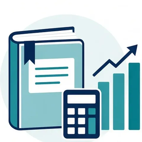 Illustration of accounting ledgers, a calculator and a rising bar chart